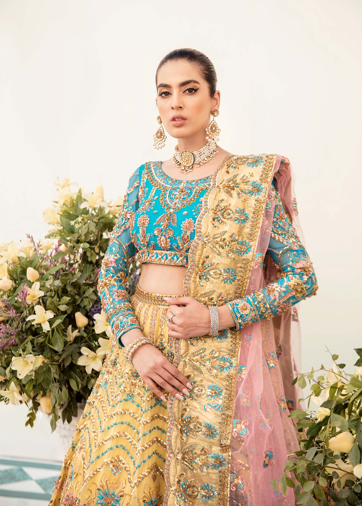 Turquoise Mustard Hand-Embroidered Bamber Chiffon Lehenga Choli (3-Piece) - Image 3