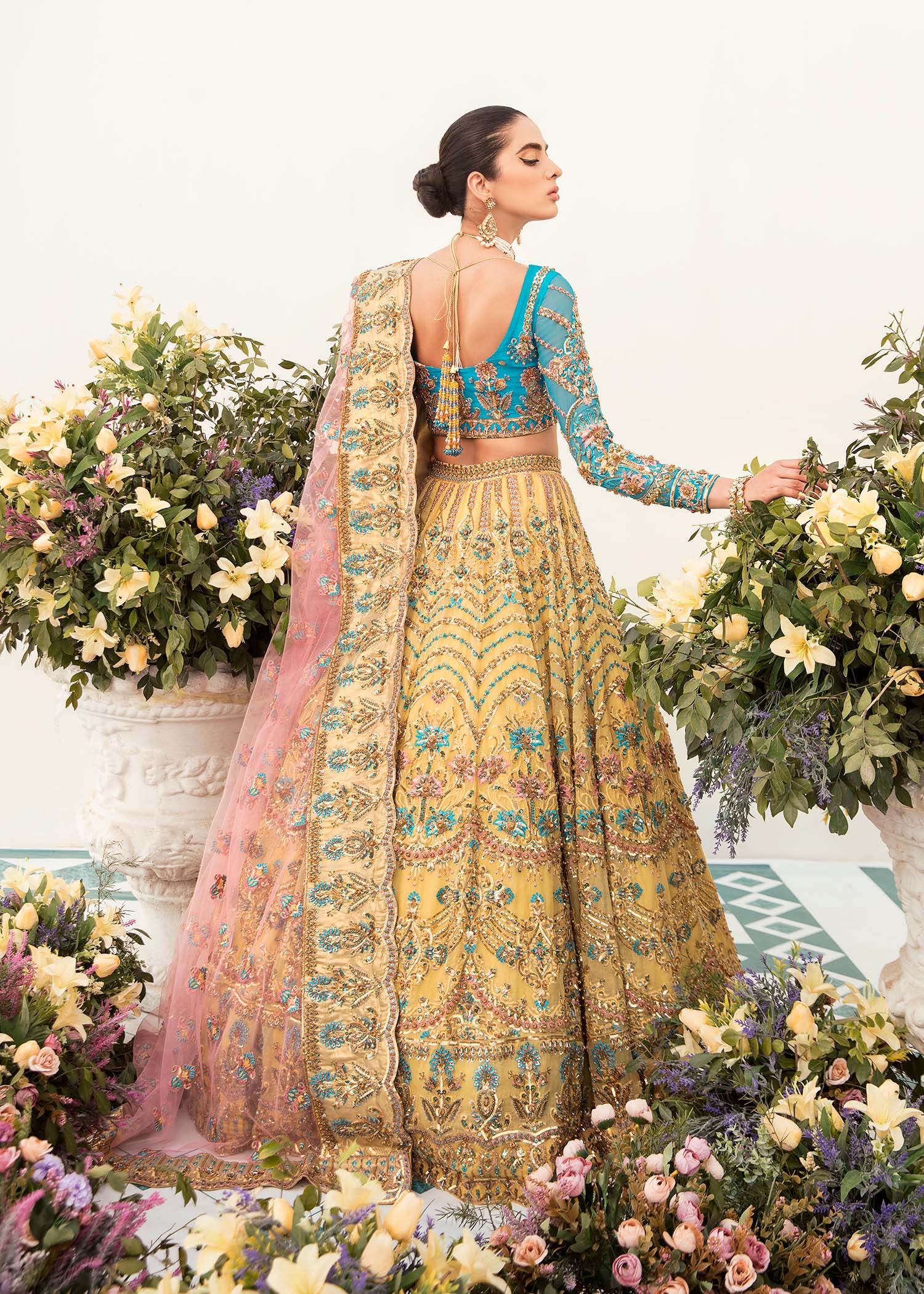 Turquoise Mustard Hand-Embroidered Bamber Chiffon Lehenga Choli (3-Piece) - Image 4