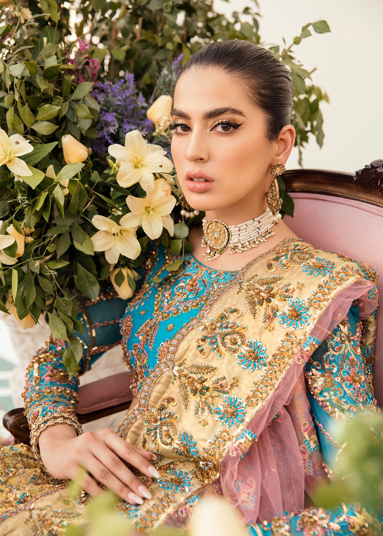 Turquoise Mustard Hand-Embroidered Bamber Chiffon Lehenga Choli (3-Piece) - Image 6