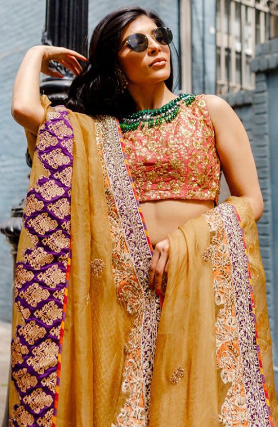 Pakistani Mustard Embroidered Chiffon Lehenga with Silk Choli (3-Piece) - Image 1