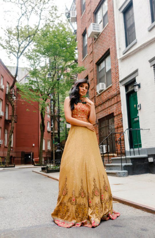 Pakistani Mustard Embroidered Chiffon Lehenga with Silk Choli (3-Piece) - Image 2