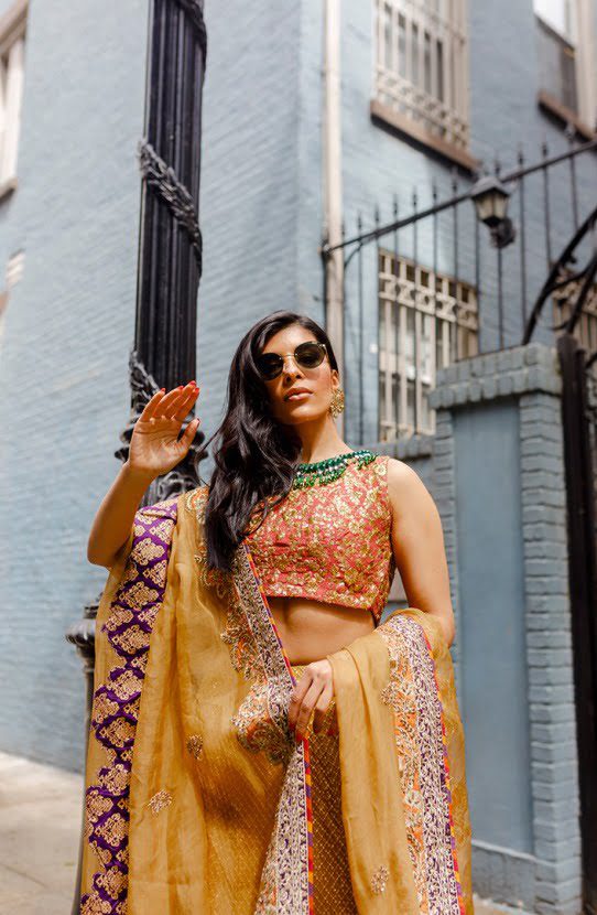 Pakistani Mustard Embroidered Chiffon Lehenga with Silk Choli (3-Piece) - Image 3