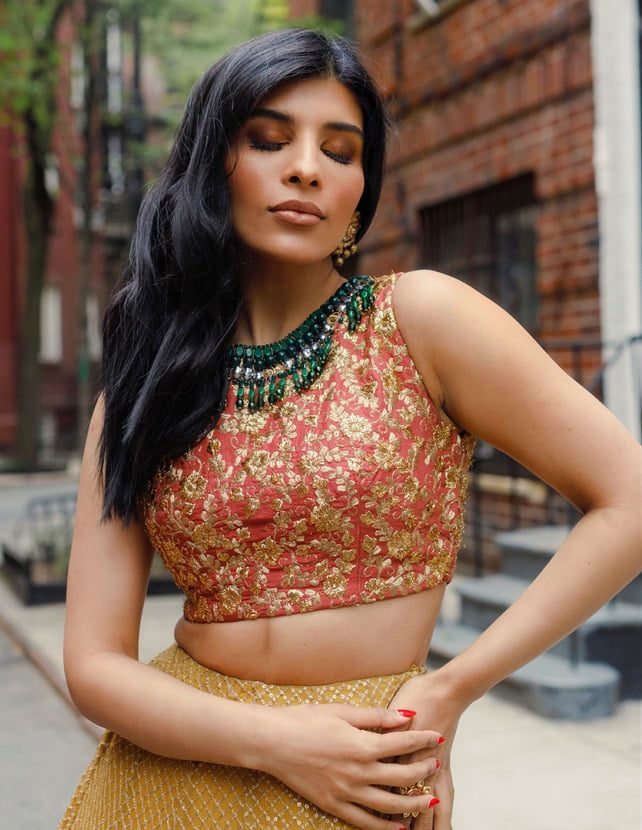 Pakistani Mustard Embroidered Chiffon Lehenga with Silk Choli (3-Piece) - Image 4