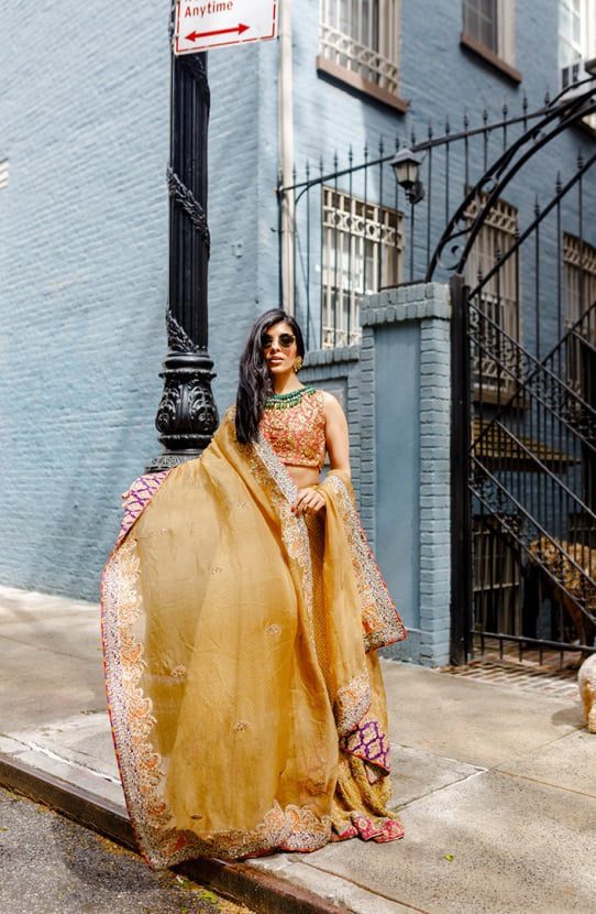 Pakistani Mustard Embroidered Chiffon Lehenga with Silk Choli (3-Piece) - Image 5