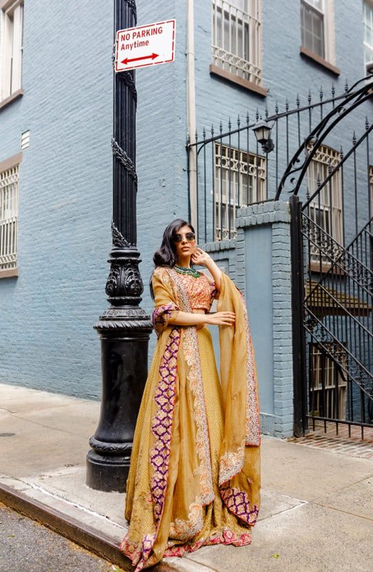 Pakistani Mustard Embroidered Chiffon Lehenga with Silk Choli (3-Piece) - Image 6