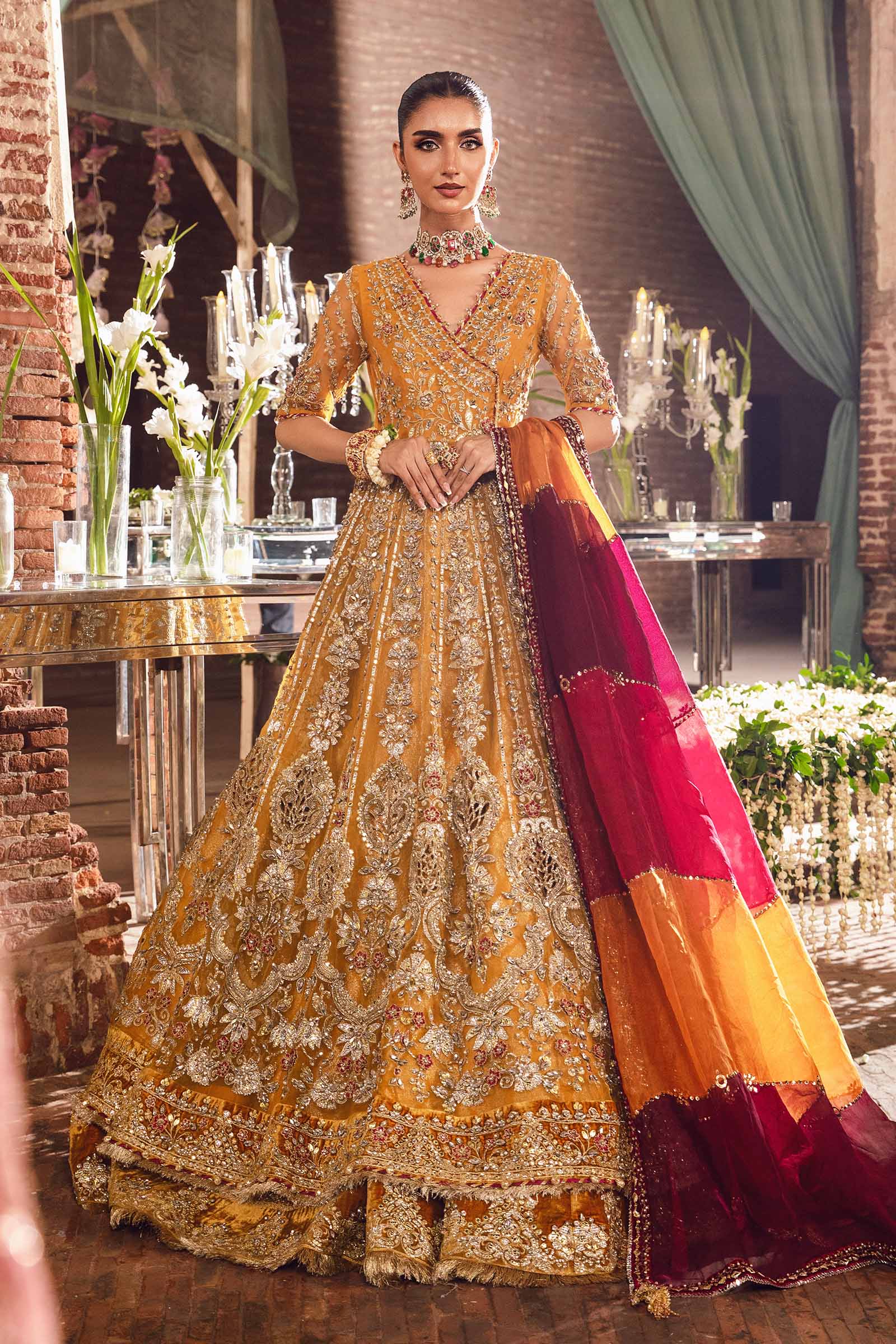 Pakistani Mustard Embellished Organza Angrakha Lehenga (3-Piece) - Image 1
