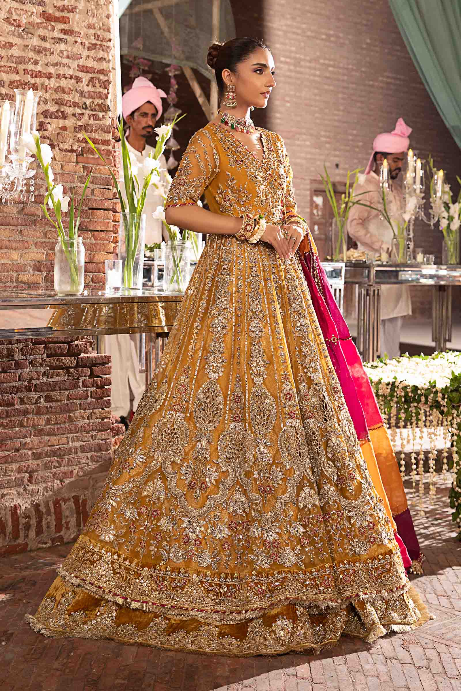 Pakistani Mustard Embellished Organza Angrakha Lehenga (3-Piece) - Image 3