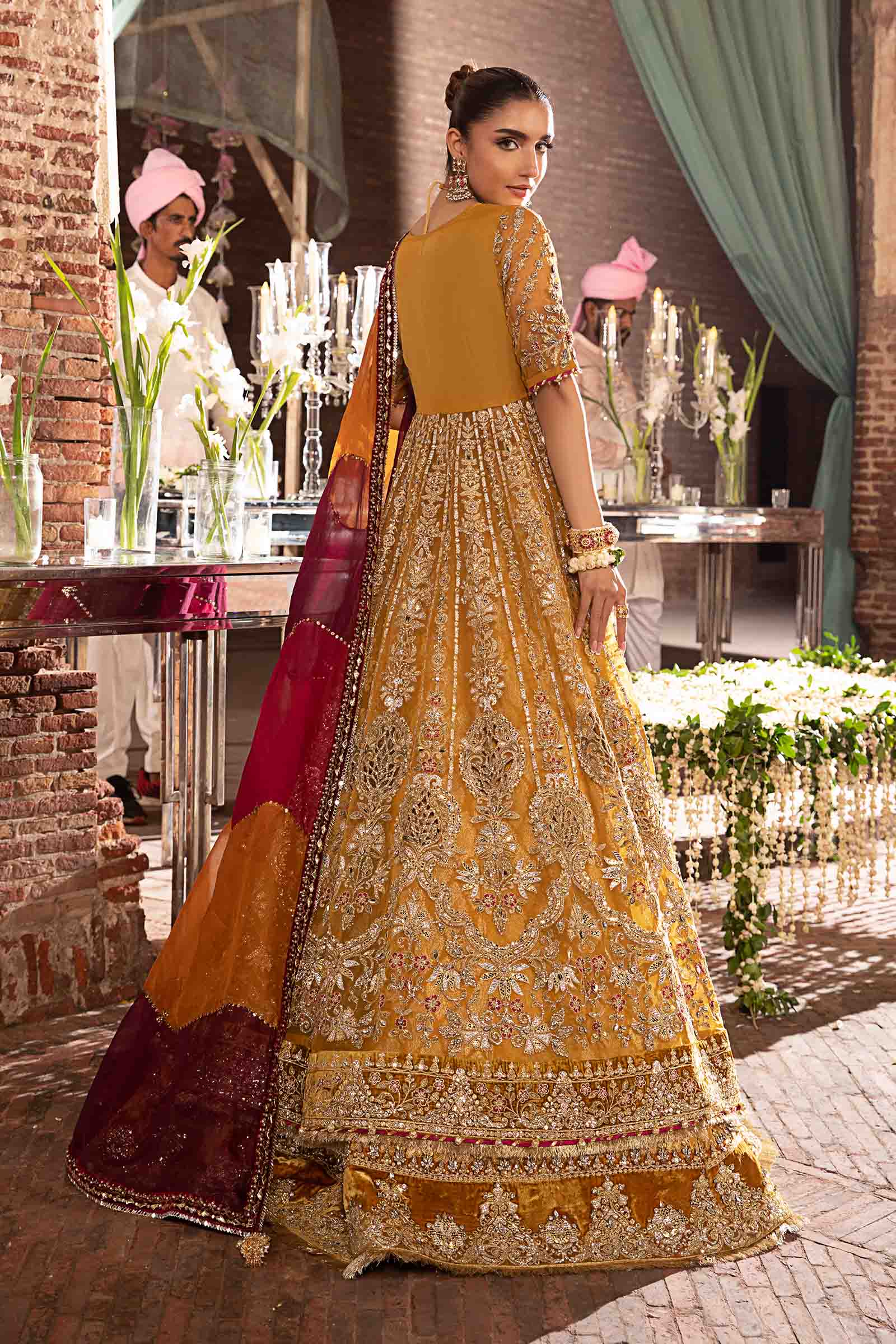 Pakistani Mustard Embellished Organza Angrakha Lehenga (3-Piece) - Image 4