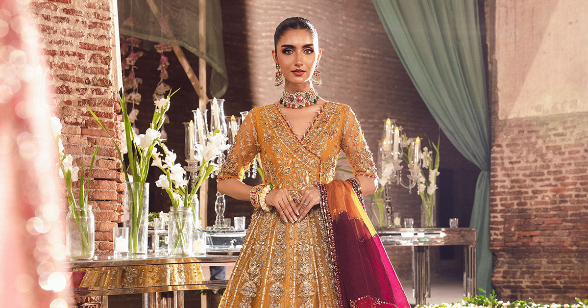 Pakistani Mustard Embellished Organza Angrakha Lehenga (3-Piece) - Image 5