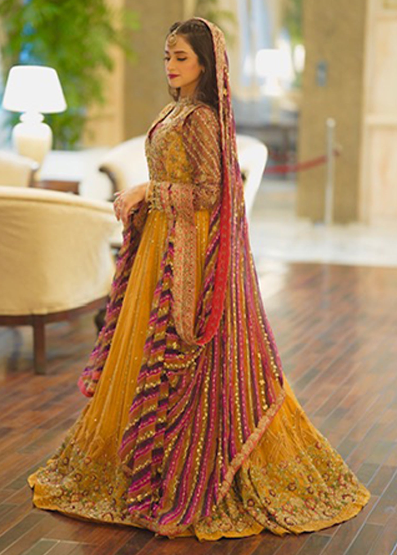 Pakistani Mustard Magenta Embellished Net Bridal Lehenga (3-Piece) - Image 1