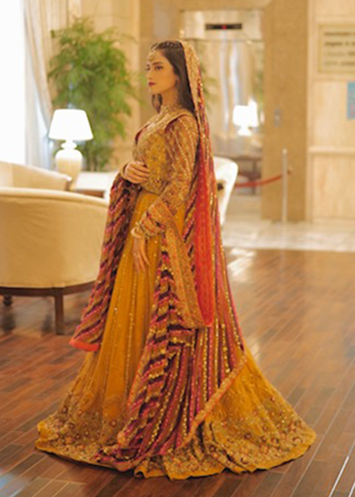 Pakistani Mustard Magenta Embellished Net Bridal Lehenga (3-Piece) - Image 11