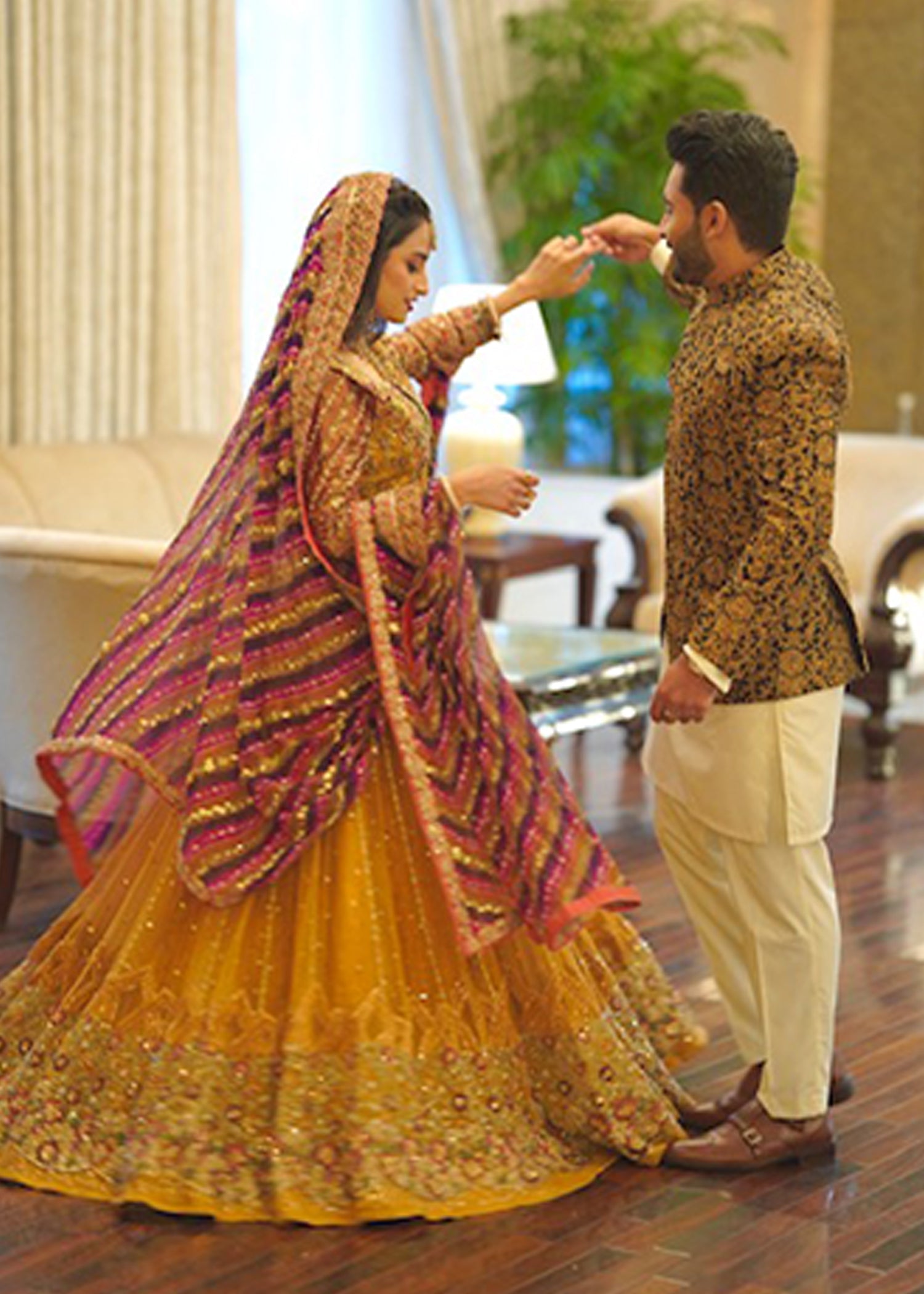 Pakistani Mustard Magenta Embellished Net Bridal Lehenga (3-Piece) - Image 2