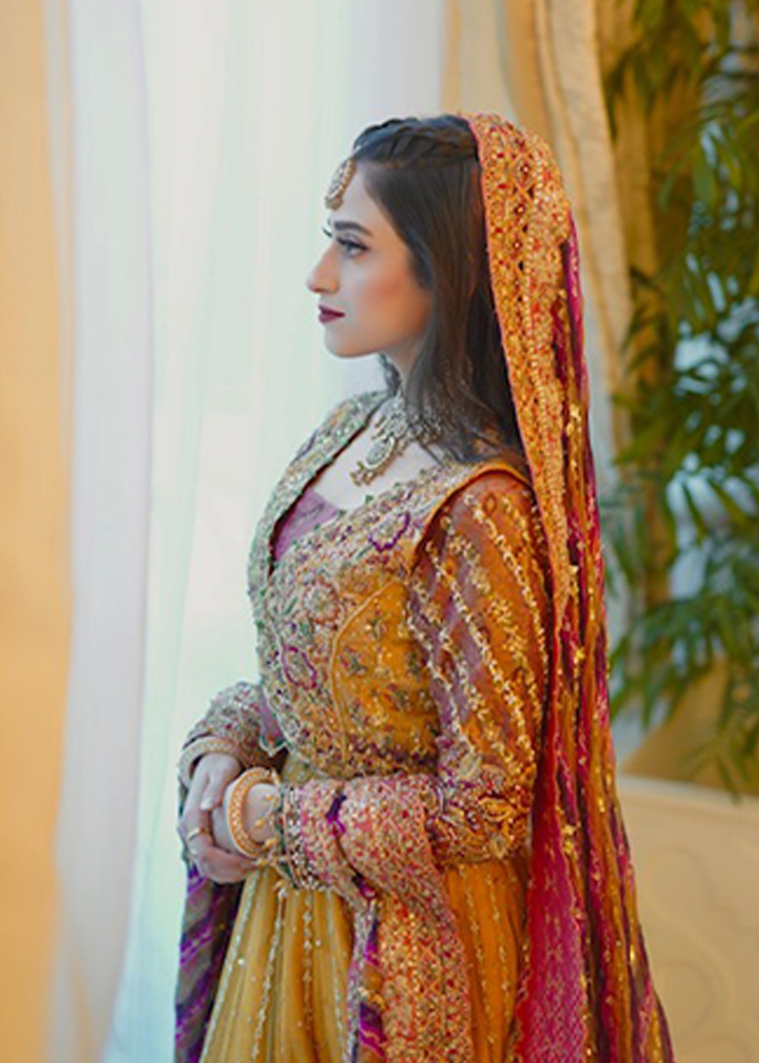 Pakistani Mustard Magenta Embellished Net Bridal Lehenga (3-Piece) - Image 3