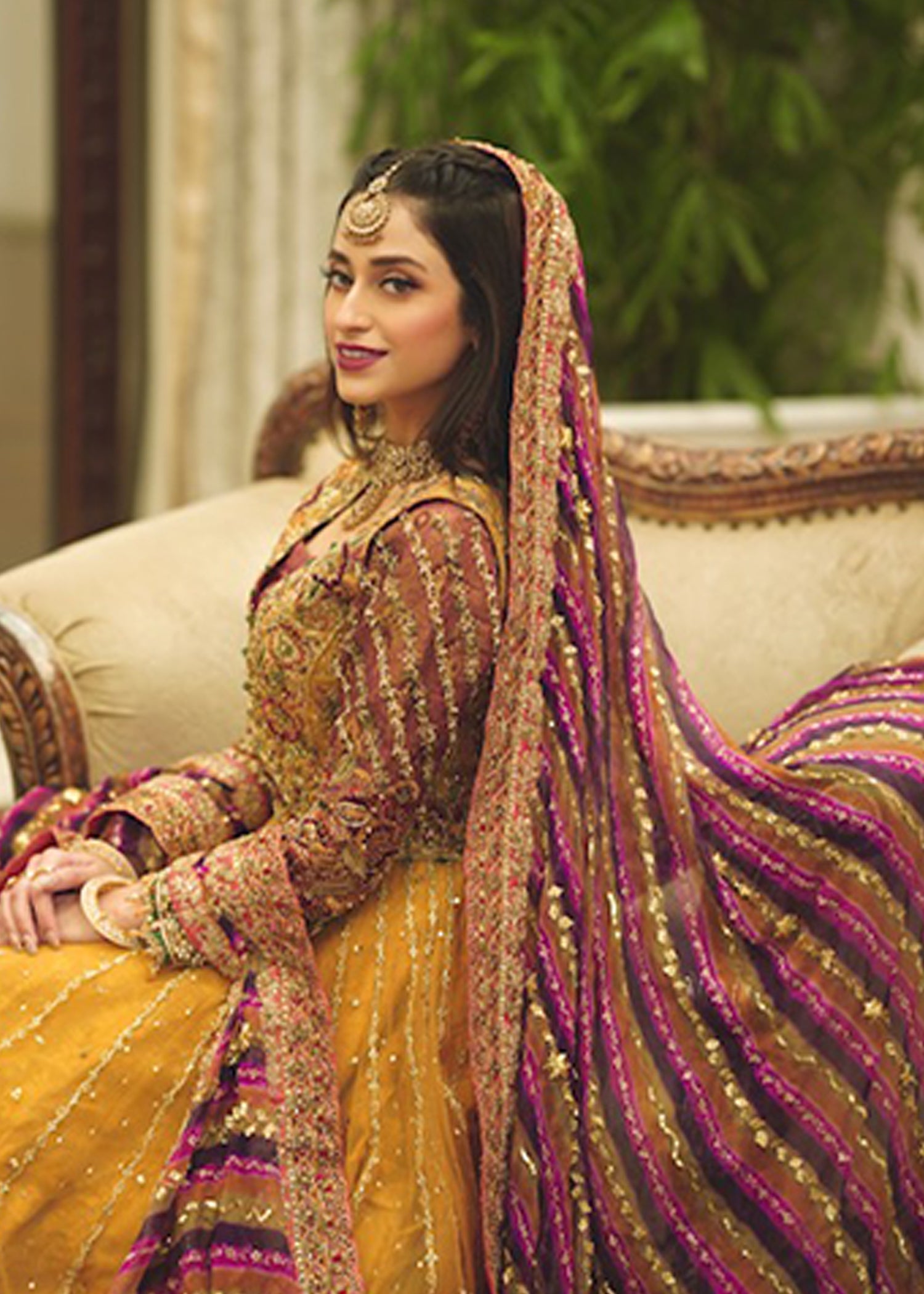 Pakistani Mustard Magenta Embellished Net Bridal Lehenga (3-Piece) - Image 5