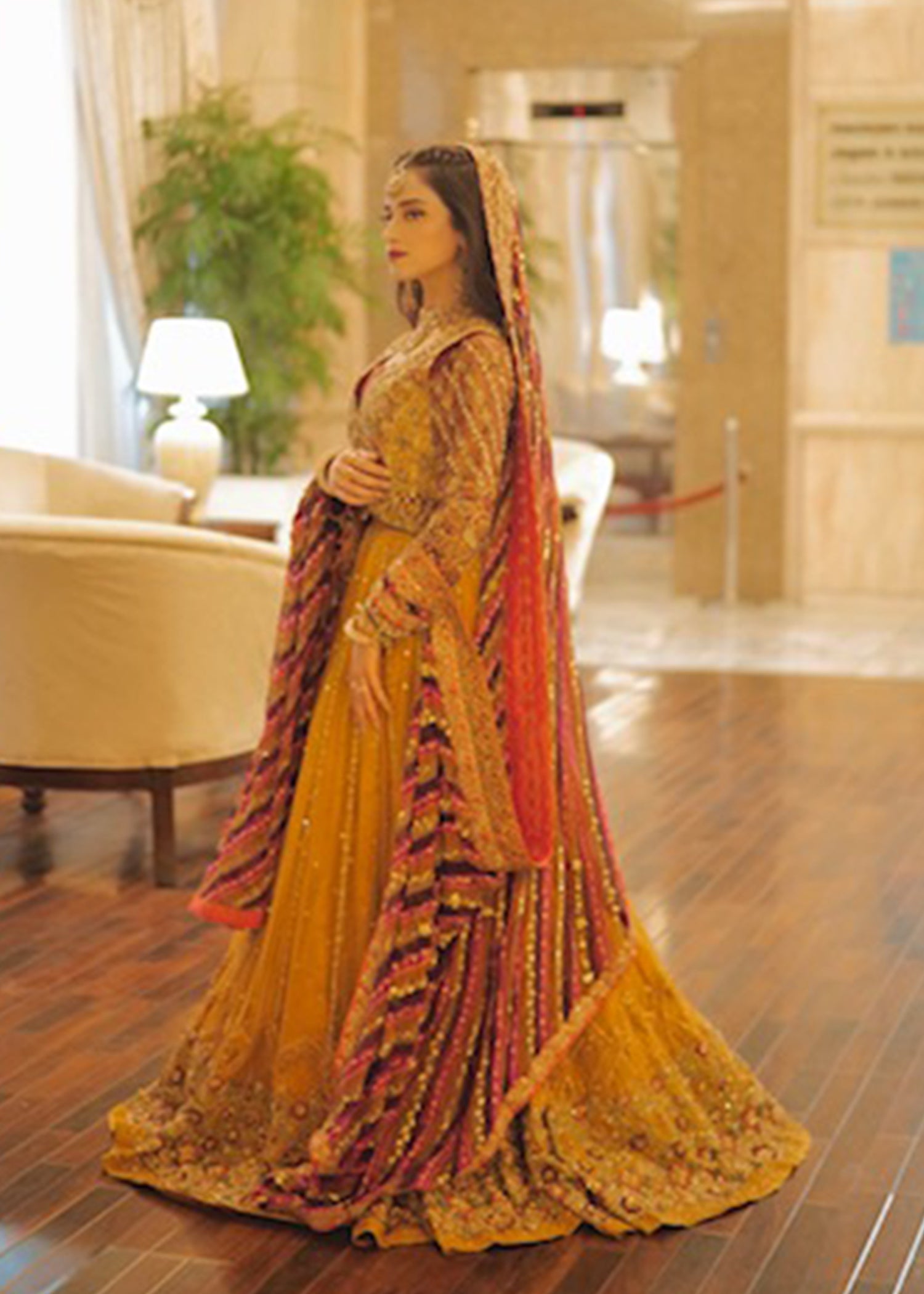 Pakistani Mustard Magenta Embellished Net Bridal Lehenga (3-Piece) - Image 6