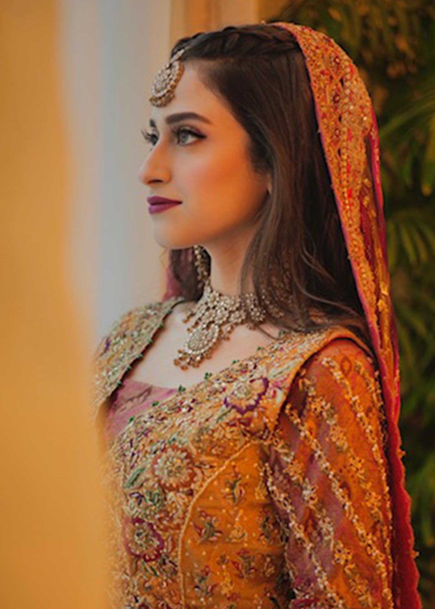 Pakistani Mustard Magenta Embellished Net Bridal Lehenga (3-Piece) - Image 7