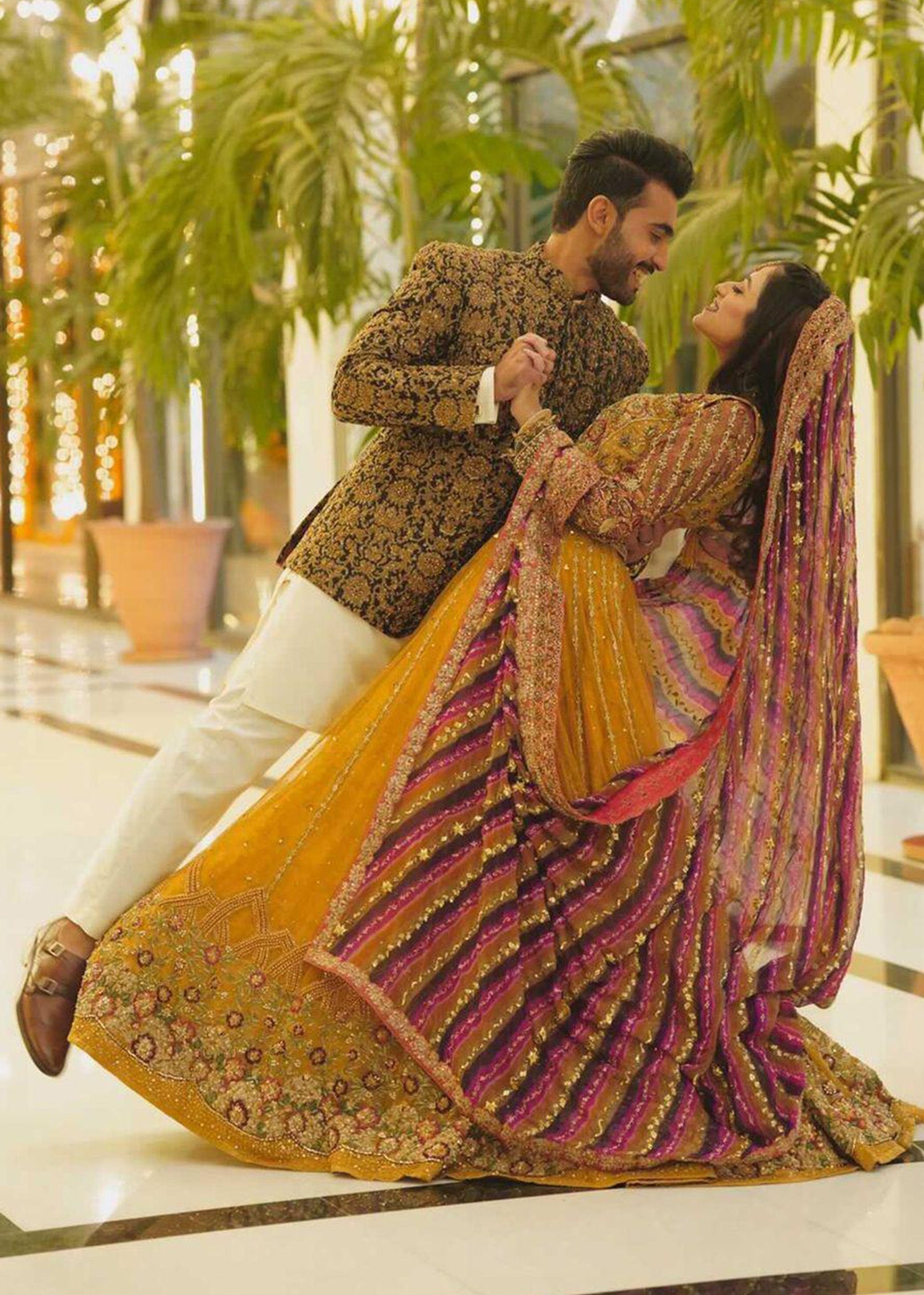 Pakistani Mustard Magenta Embellished Net Bridal Lehenga (3-Piece) - Image 8