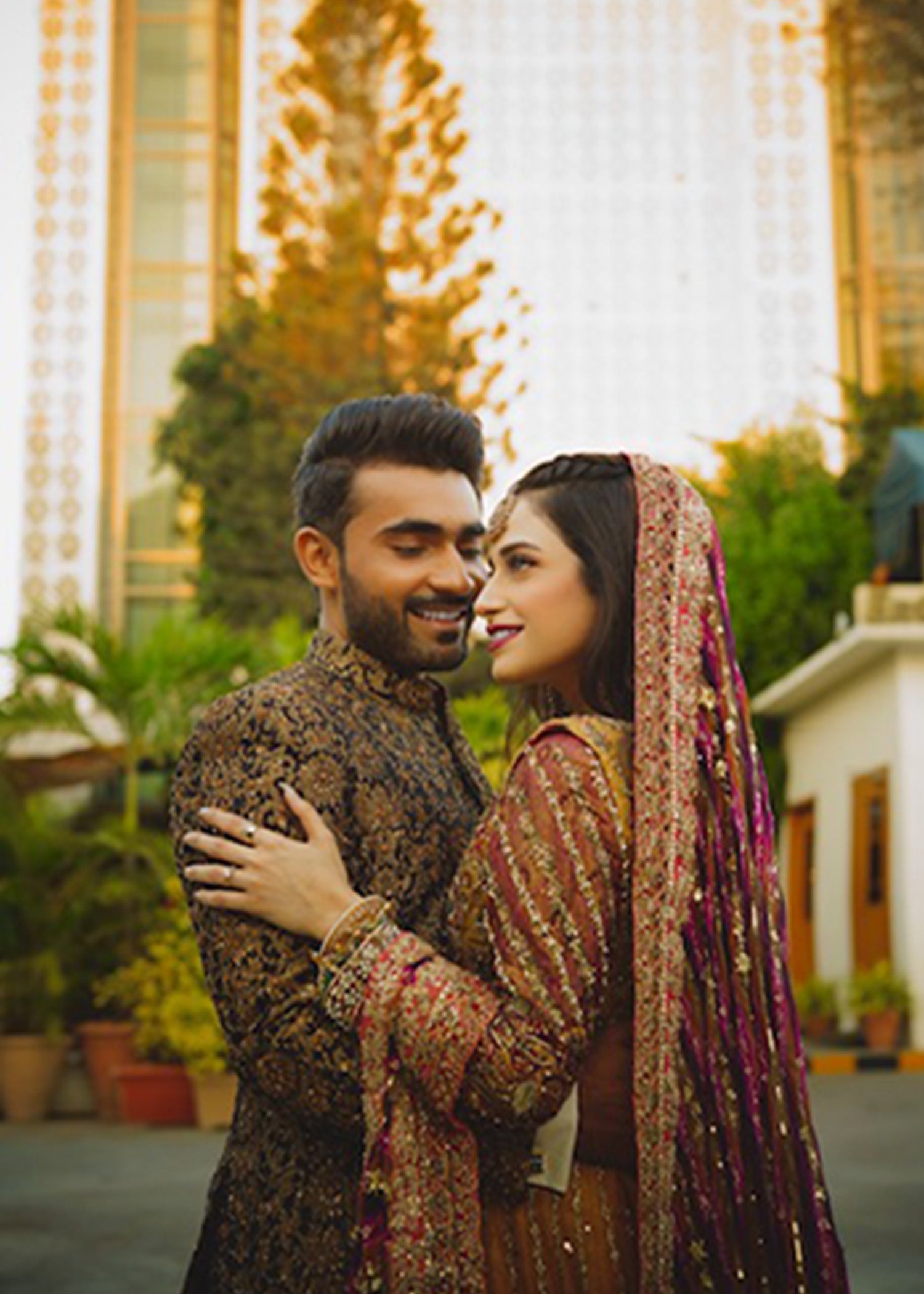 Pakistani Mustard Magenta Embellished Net Bridal Lehenga (3-Piece) - Image 9