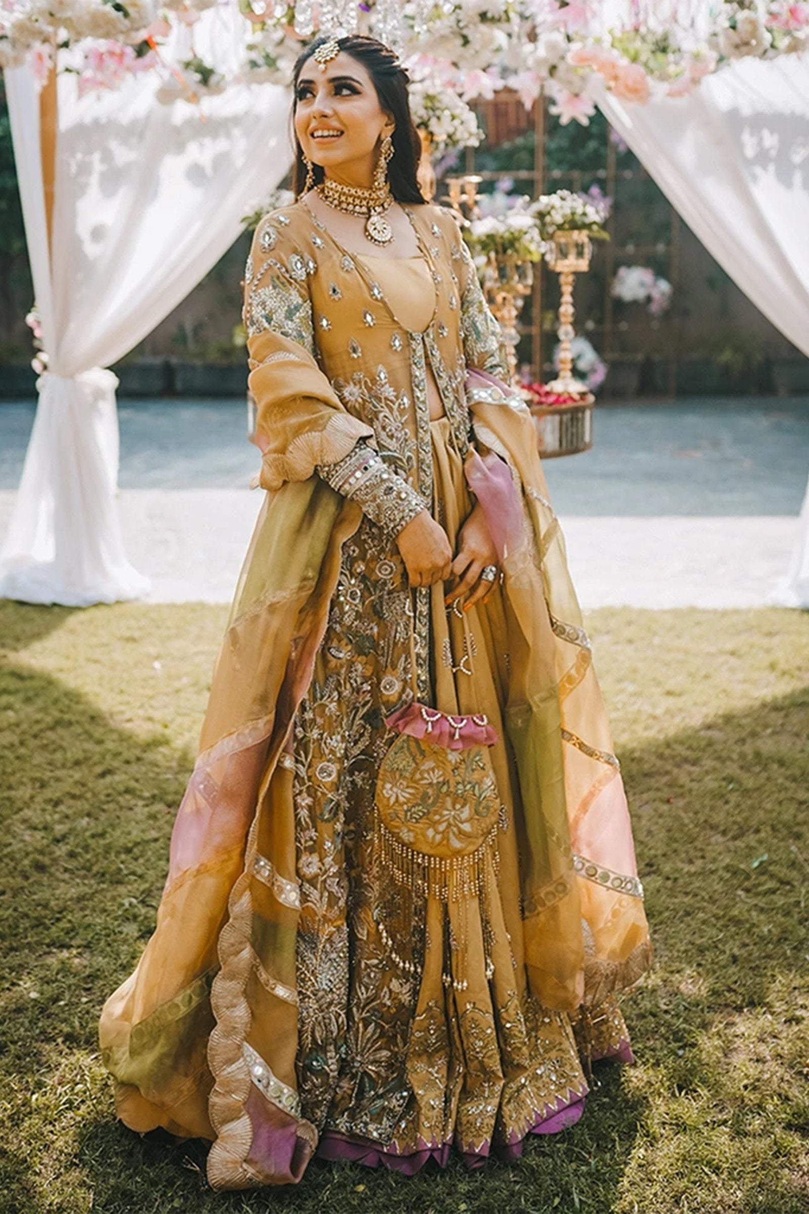 Mustard Zardozi & Mirror Work Organza Lehenga (3-Piece) - Image 1