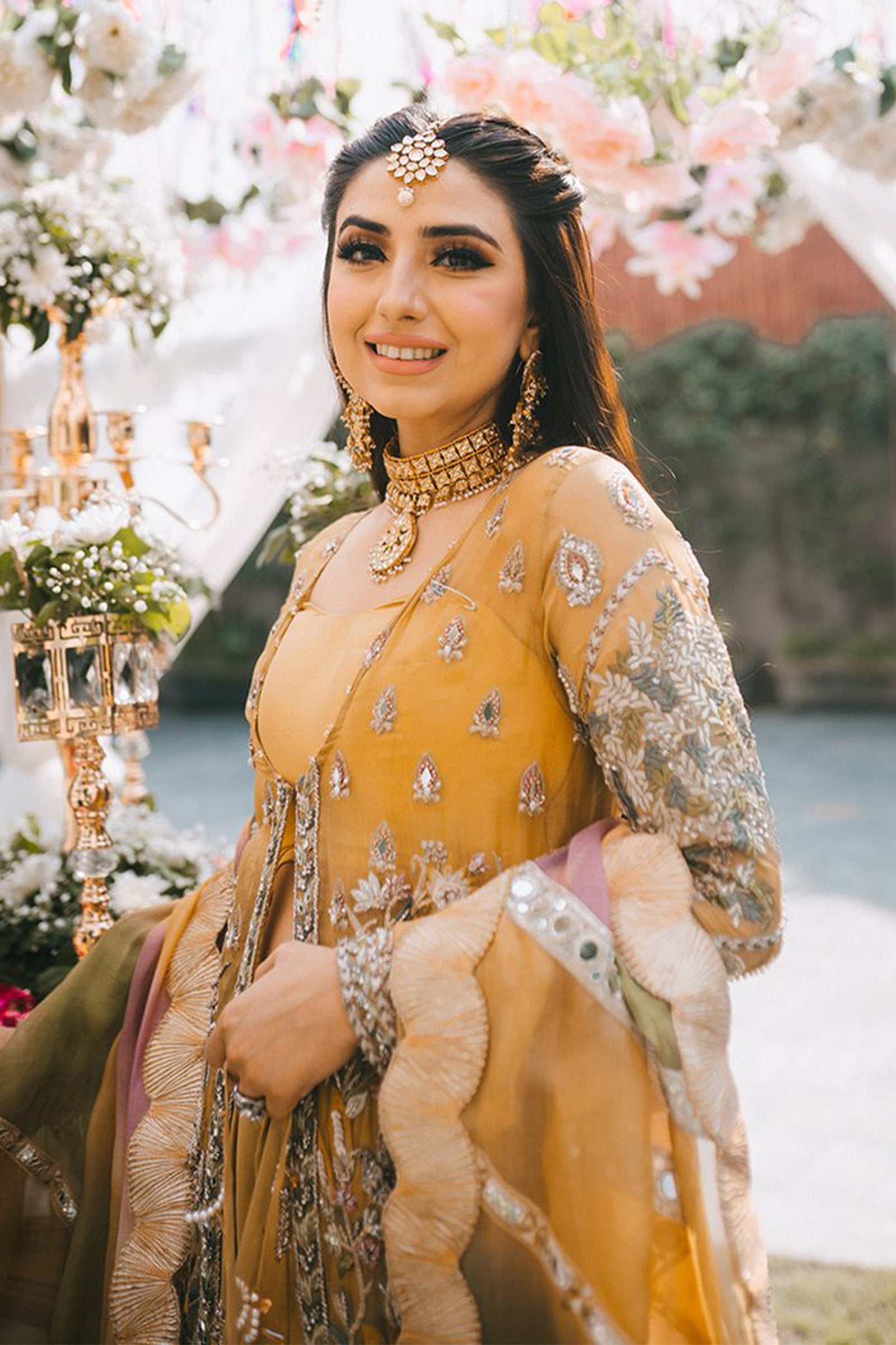 Mustard Zardozi & Mirror Work Organza Lehenga (3-Piece) - Image 2