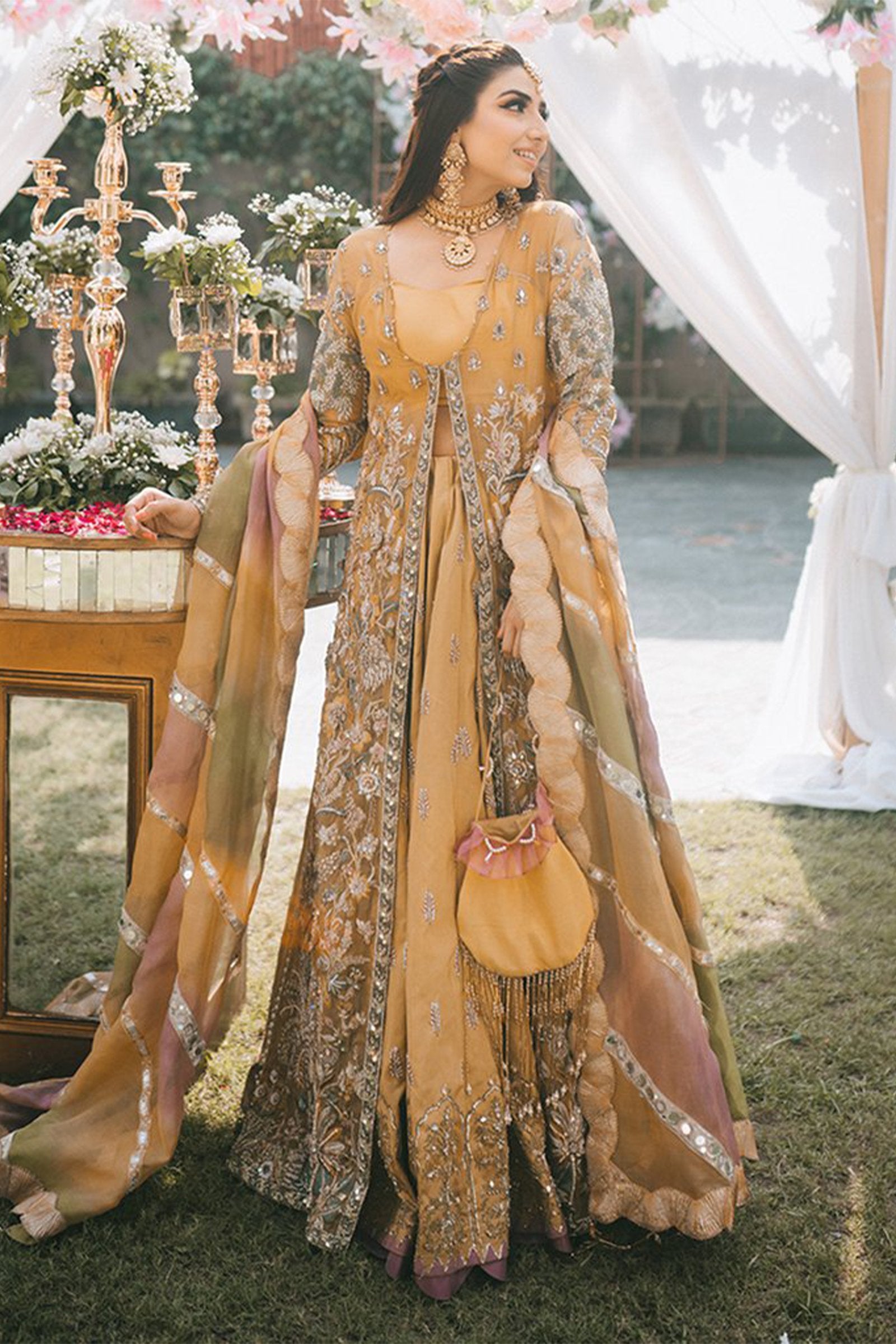 Mustard Zardozi & Mirror Work Organza Lehenga (3-Piece) - Image 3