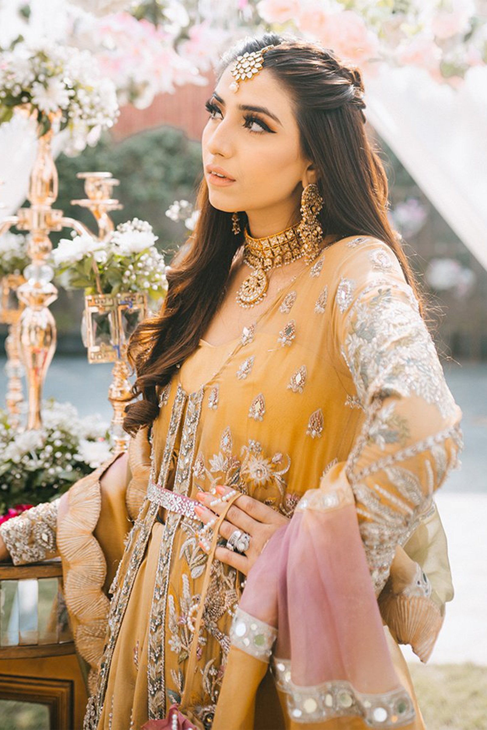 Mustard Zardozi & Mirror Work Organza Lehenga (3-Piece) - Image 4