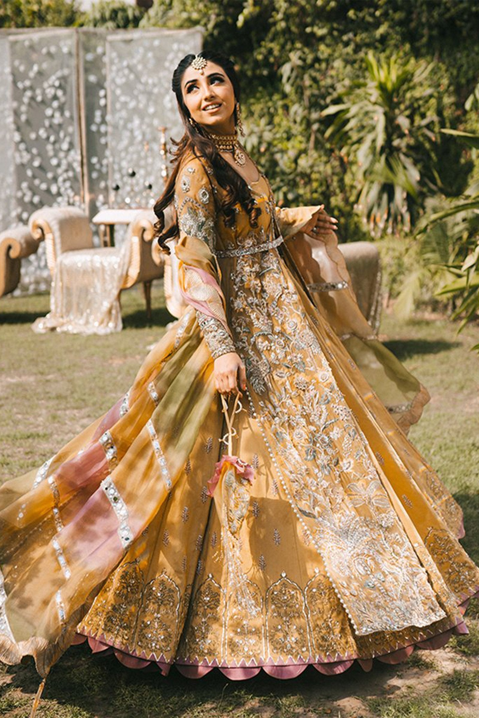 Mustard Zardozi & Mirror Work Organza Lehenga (3-Piece) - Image 5