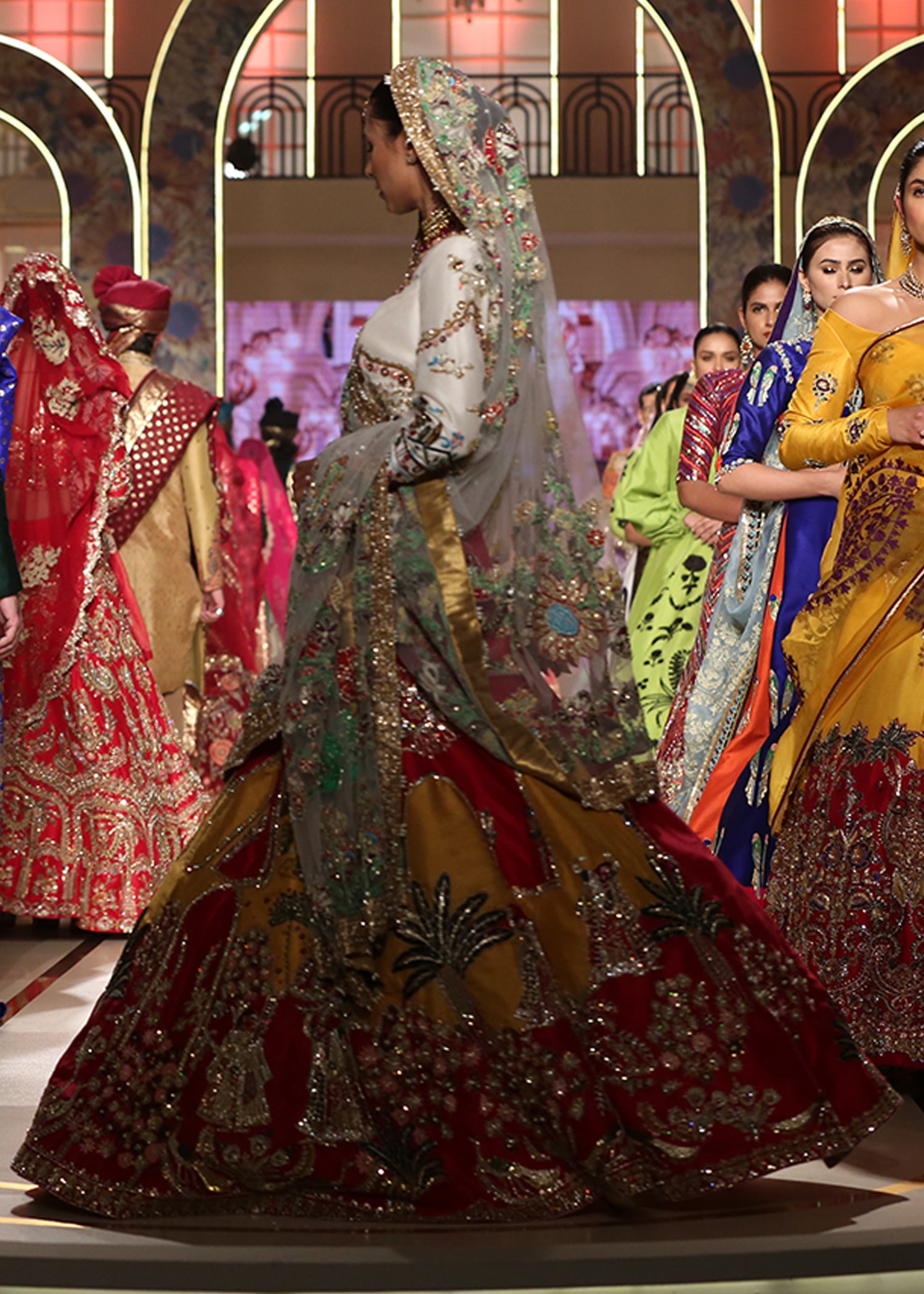 Pakistani Mustard & Red Embroidered Raw Silk Lehenga (3-Piece) - Image 3