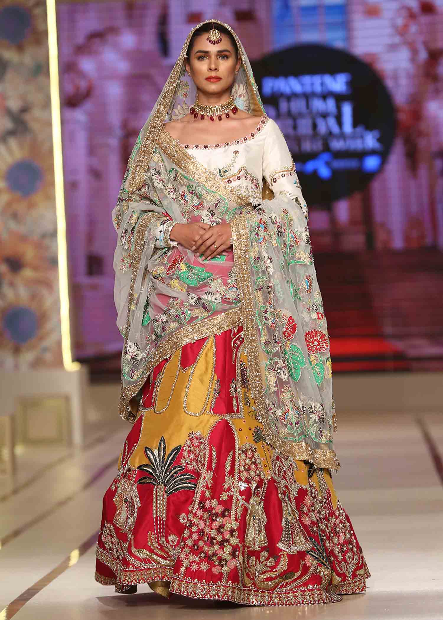Pakistani Mustard & Red Embroidered Raw Silk Lehenga (3-Piece) - Image 1