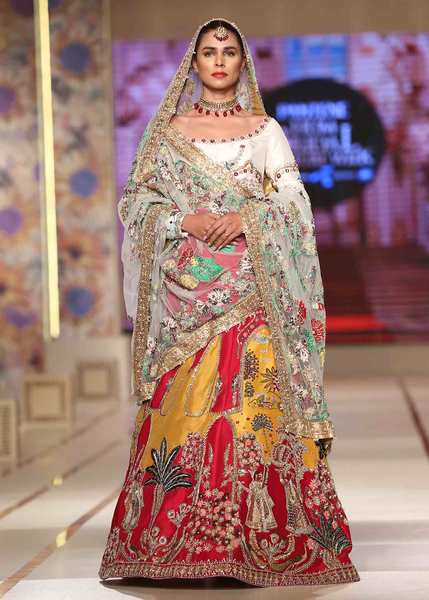 Pakistani Mustard & Red Embroidered Raw Silk Lehenga (3-Piece) - Image 4