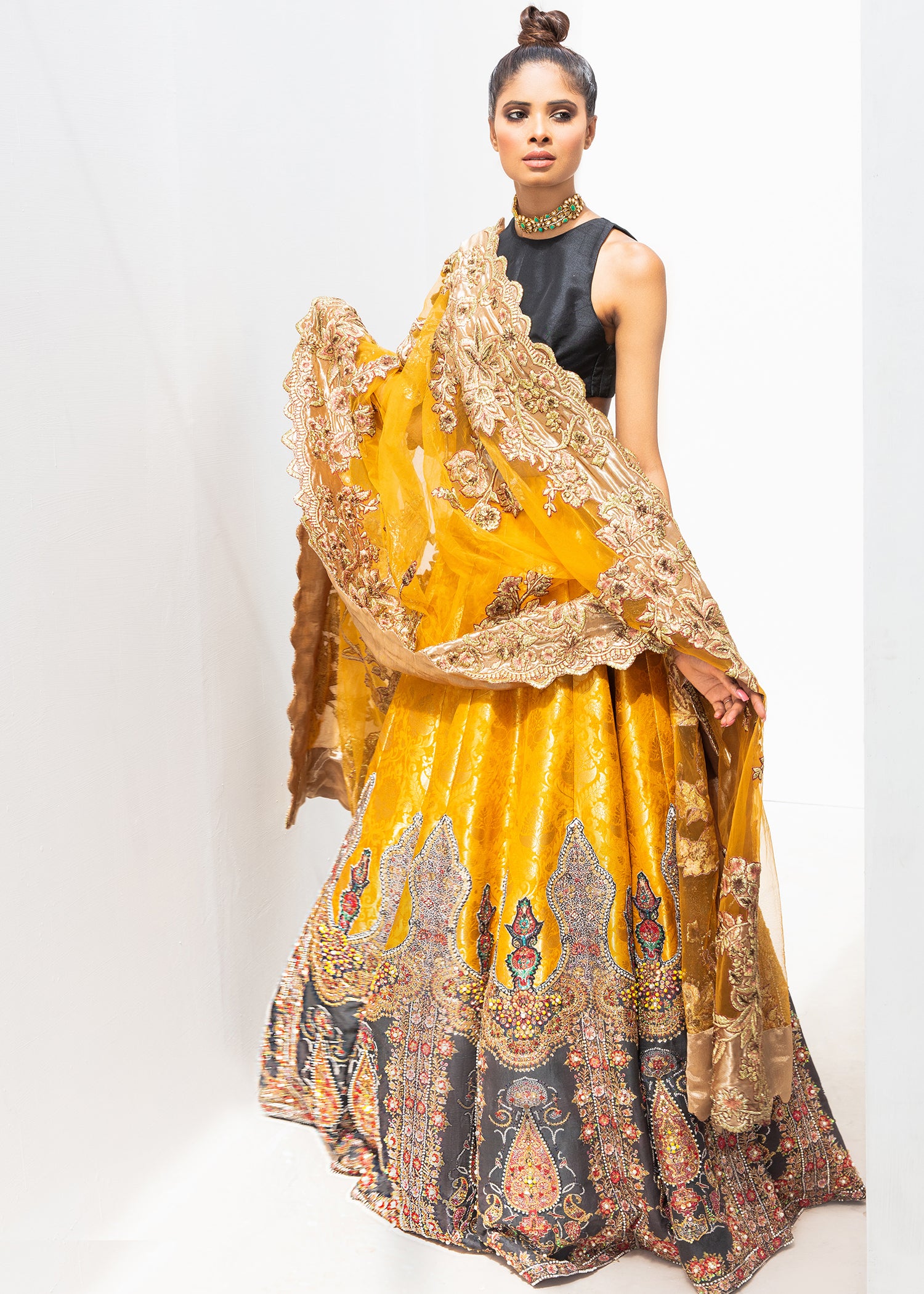 Pakistani Mustard and Navy Embroidered Raw Silk Lehenga Choli (3-Piece) - Image 1