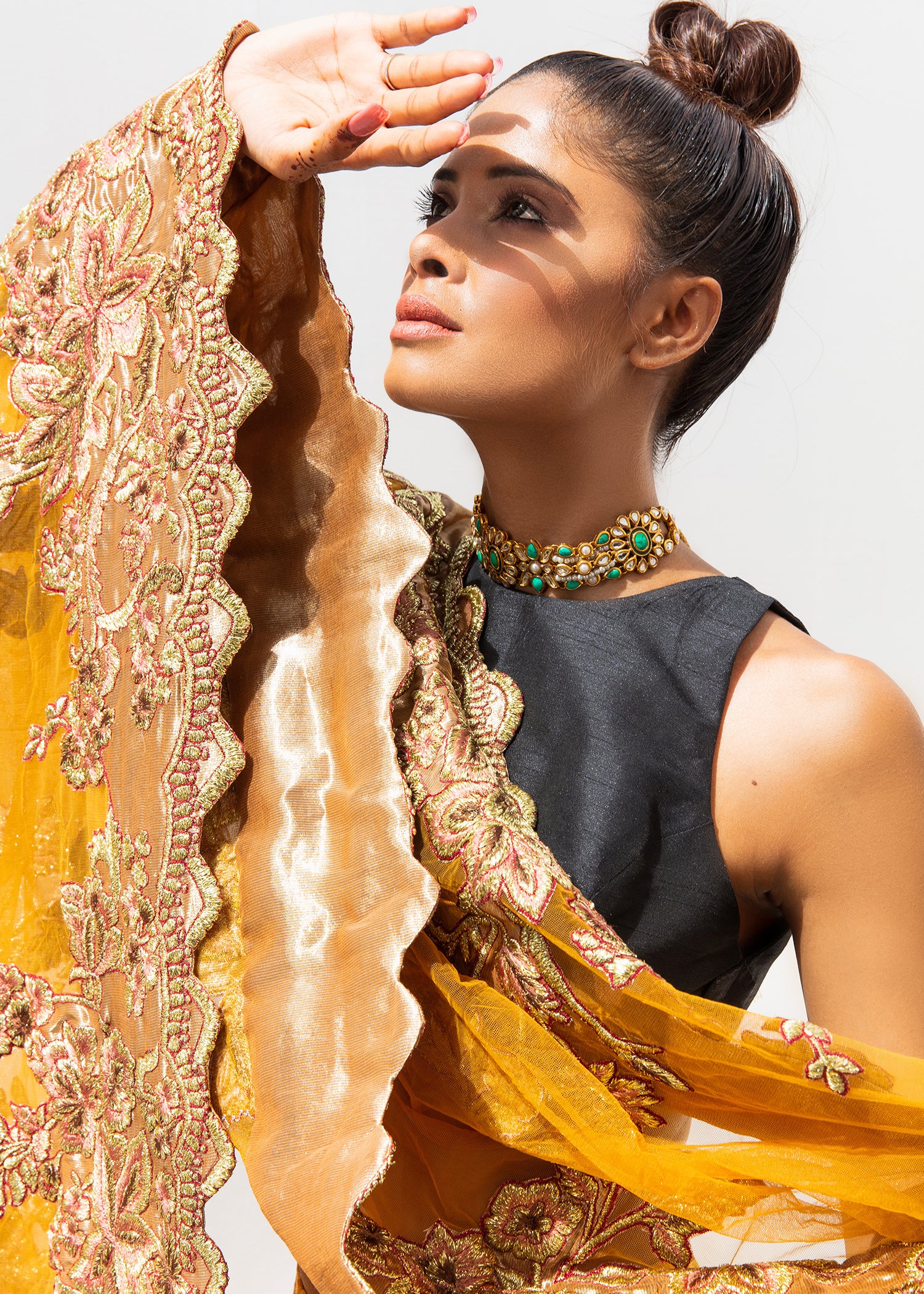 Pakistani Mustard and Navy Embroidered Raw Silk Lehenga Choli (3-Piece) - Image 3