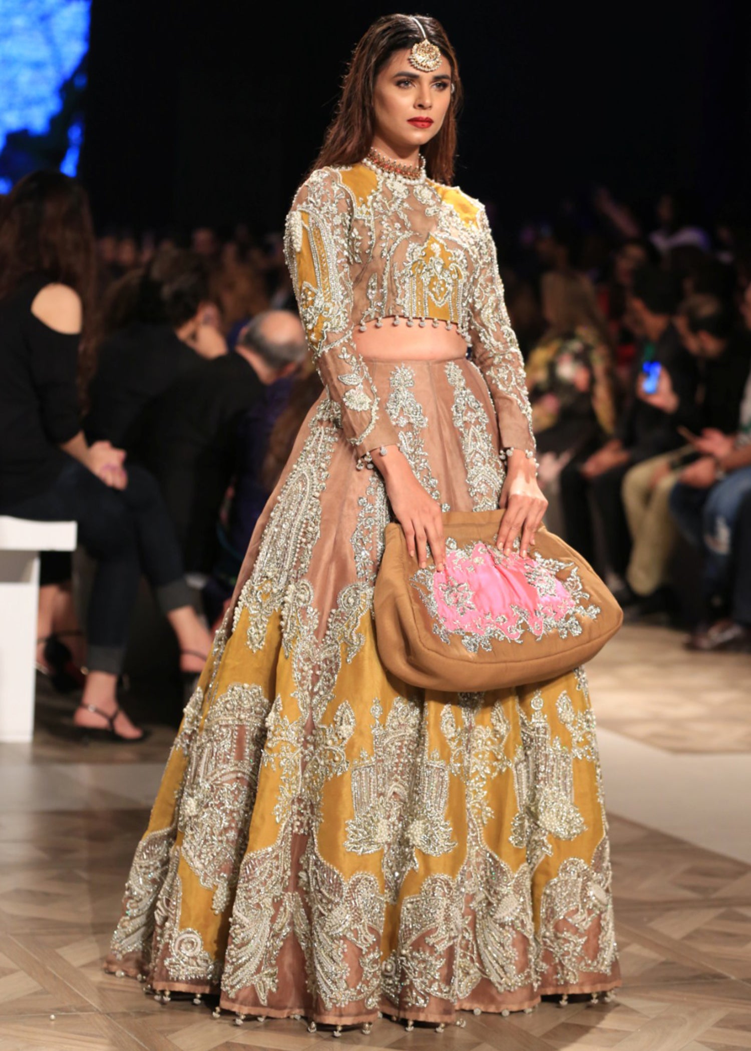 Pakistani Mustard Sequin Embroidered Raw Silk Lehenga Choli (3-Piece) - Image 1