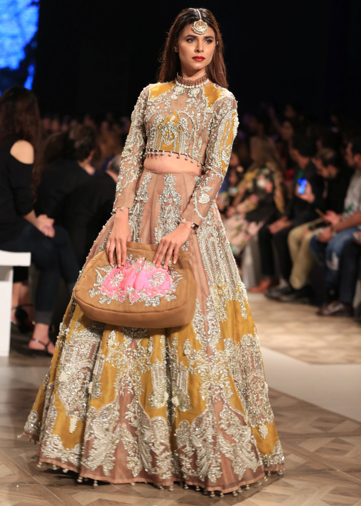 Pakistani Mustard Sequin Embroidered Raw Silk Lehenga Choli (3-Piece) - Image 2