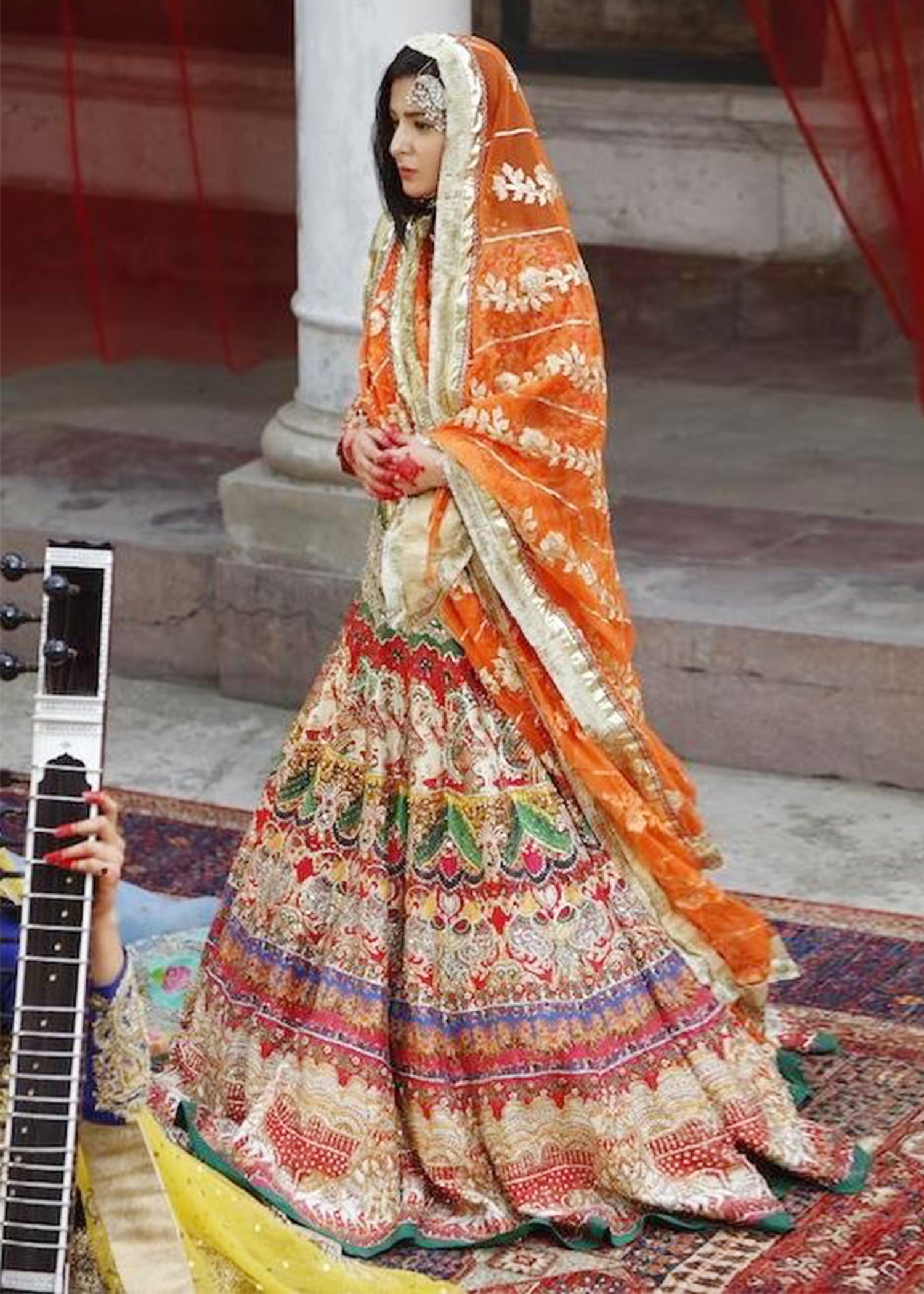 Pakistani Mustard Gold Bullion Silk Lehenga (3-Piece) - Image 1