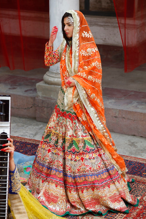 Pakistani Mustard Gold Bullion Silk Lehenga (3-Piece) - Image 2