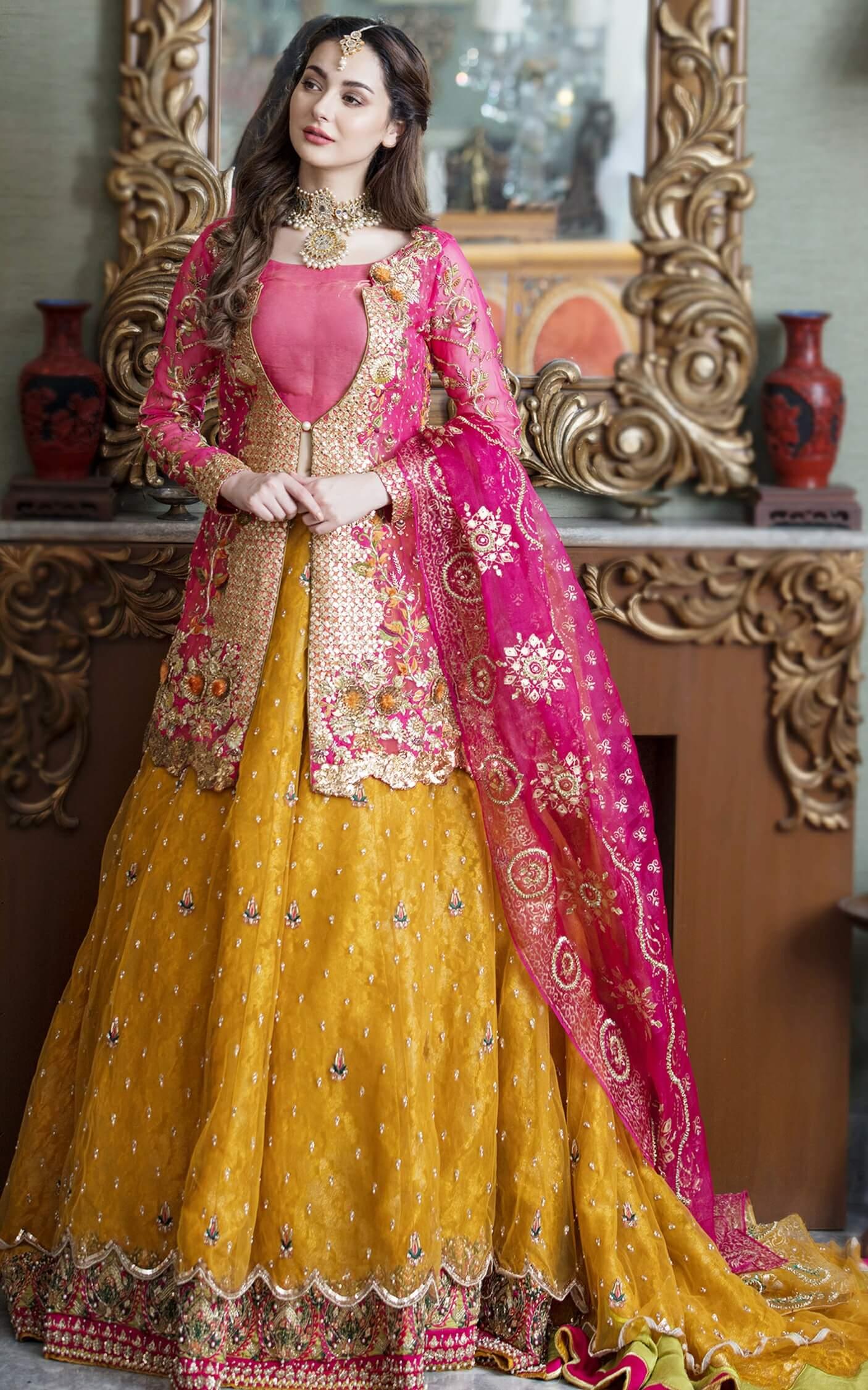 Mustard and Fuchsia Embroidered Silk Bridal Lehenga (3-Piece) - Image 1