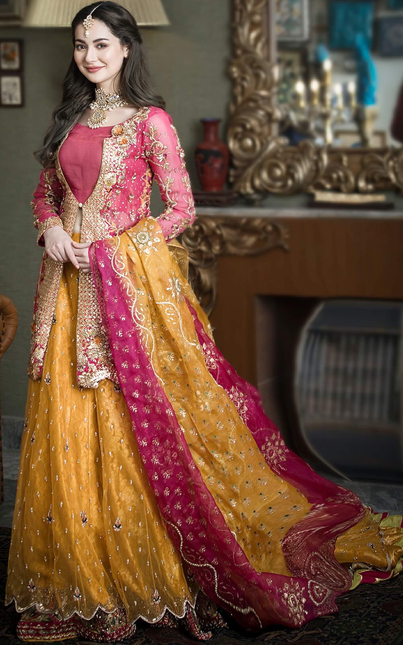 Mustard and Fuchsia Embroidered Silk Bridal Lehenga (3-Piece) - Image 2