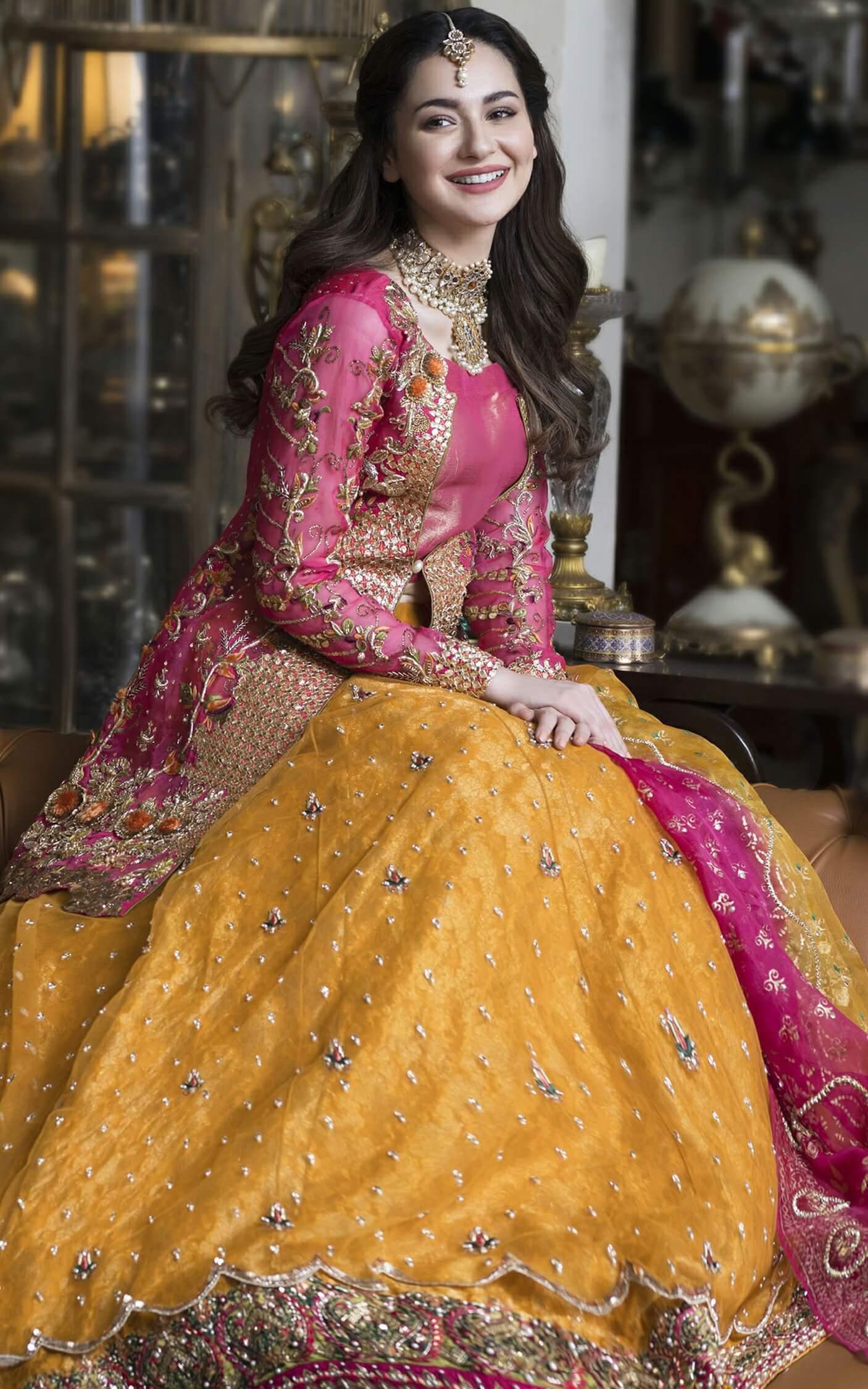 Mustard and Fuchsia Embroidered Silk Bridal Lehenga (3-Piece) - Image 3