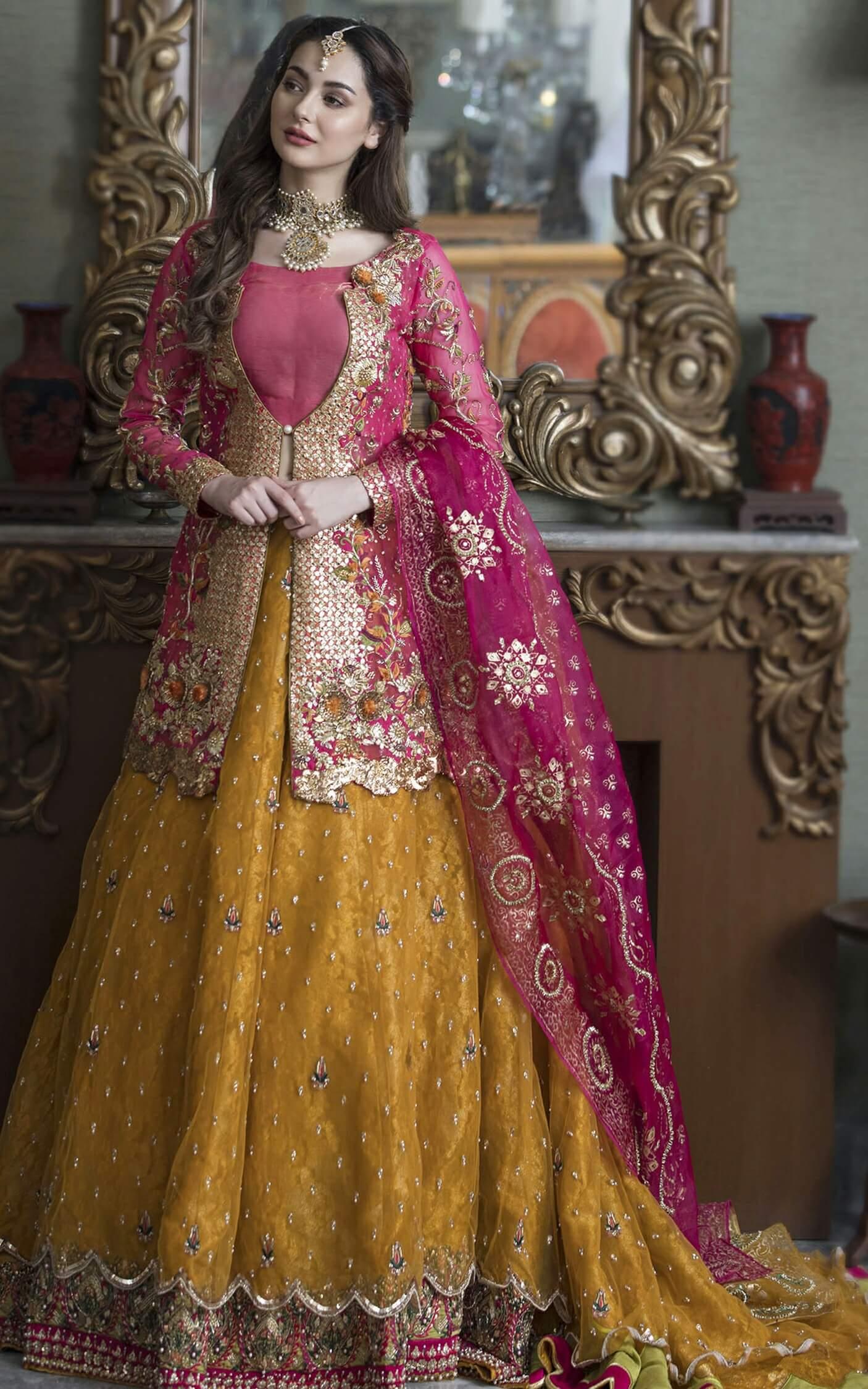 Mustard and Fuchsia Embroidered Silk Bridal Lehenga (3-Piece) - Image 4