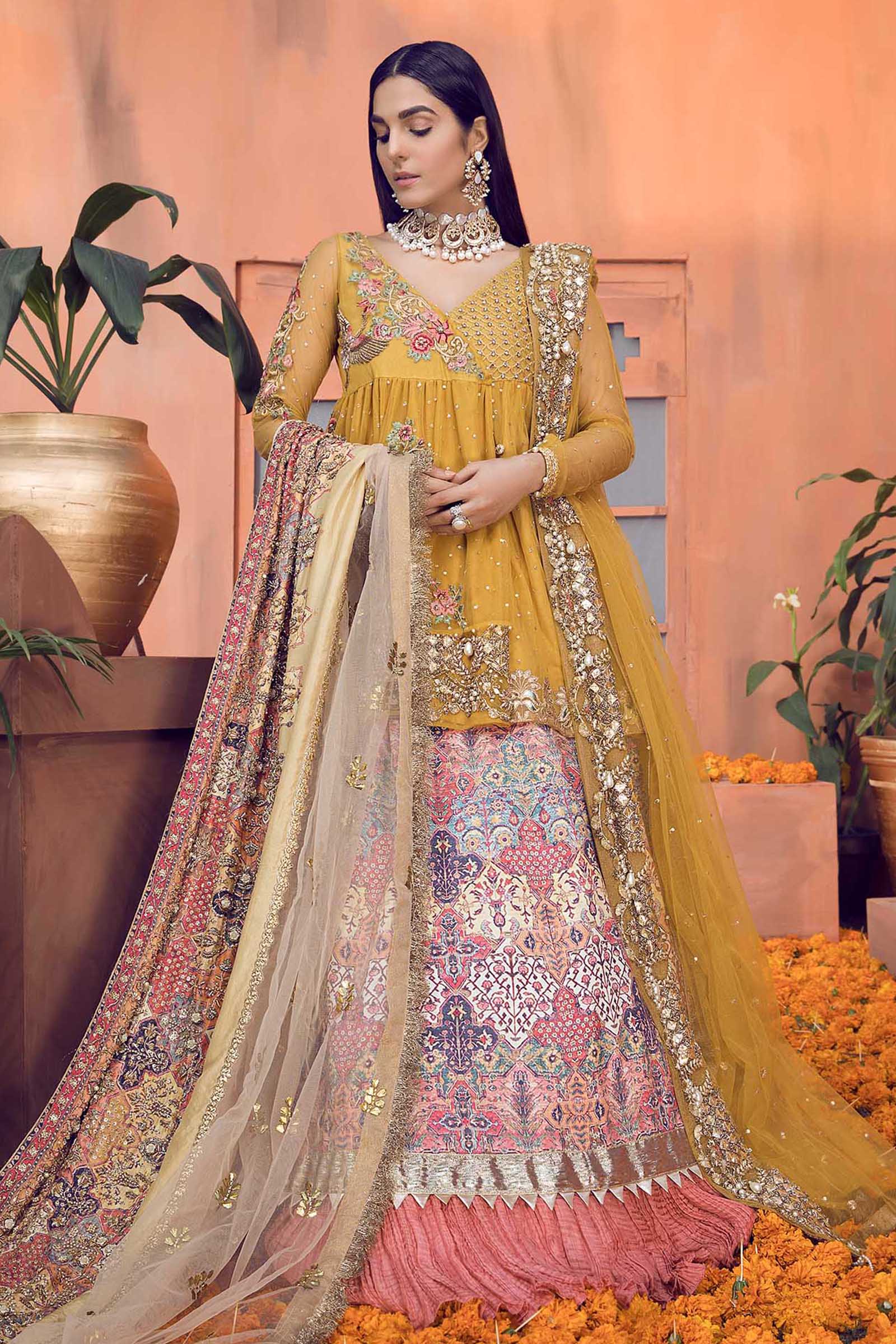 Pastel Mustard Embellished Net Peshwas with Silk Lehenga (3-Piece) - Image 1