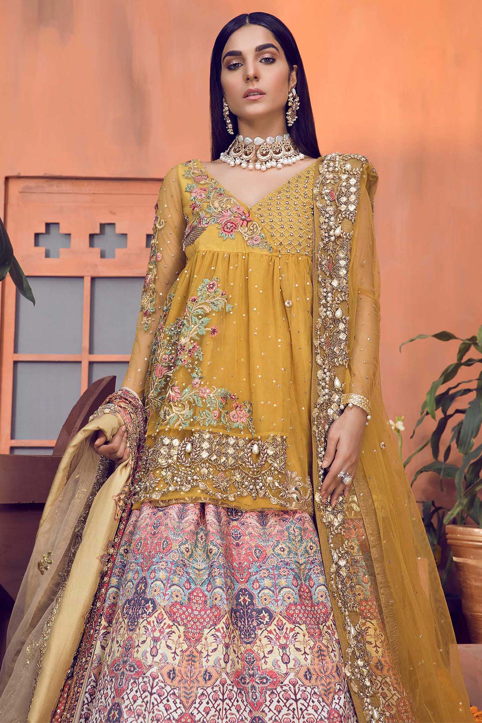 Pastel Mustard Embellished Net Peshwas with Silk Lehenga (3-Piece) - Image 2