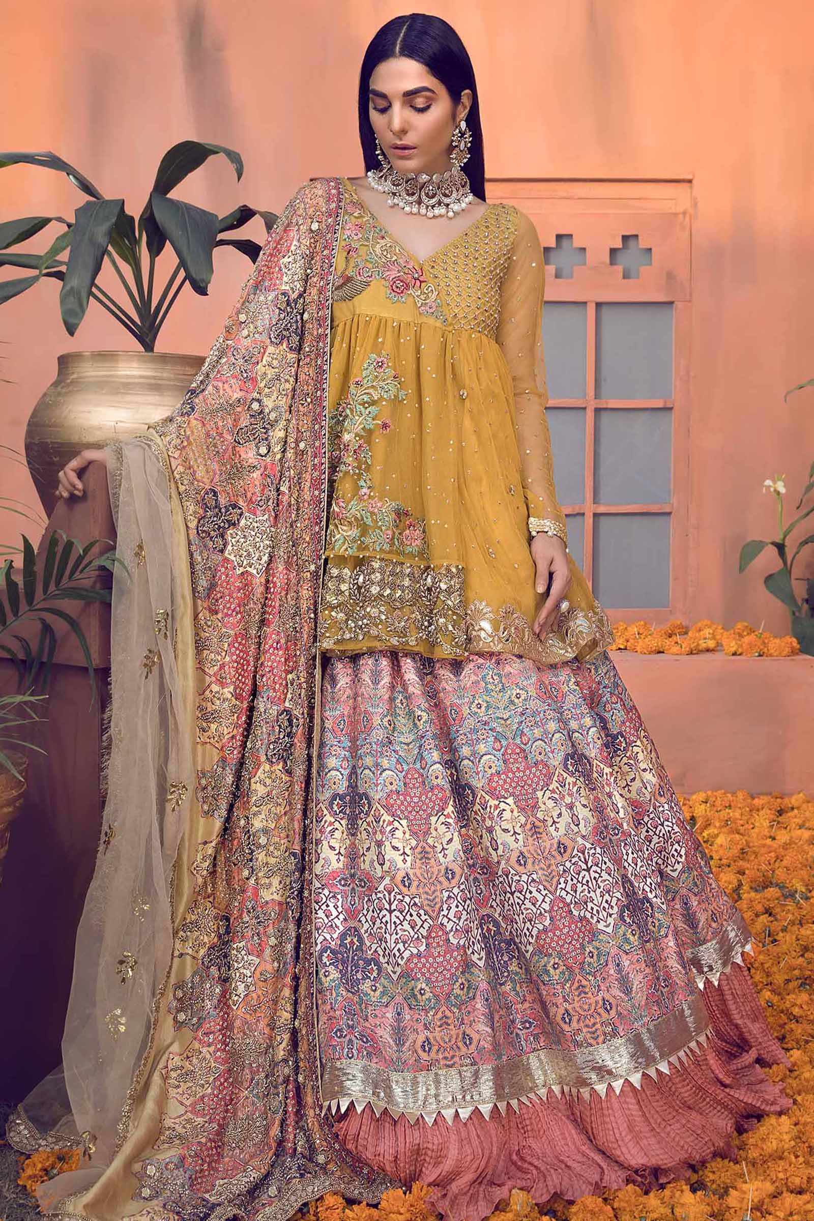 Pastel Mustard Embellished Net Peshwas with Silk Lehenga (3-Piece) - Image 4