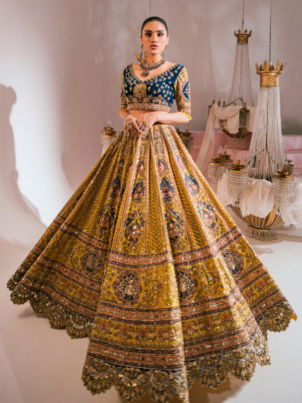 Mustard Mirror-Work Silk Lehenga with Teal Velvet Blouse (3-Piece) - Image 1