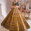 Mustard Mirror-Work Silk Lehenga with Teal Velvet Blouse (3-Piece) - Image 2