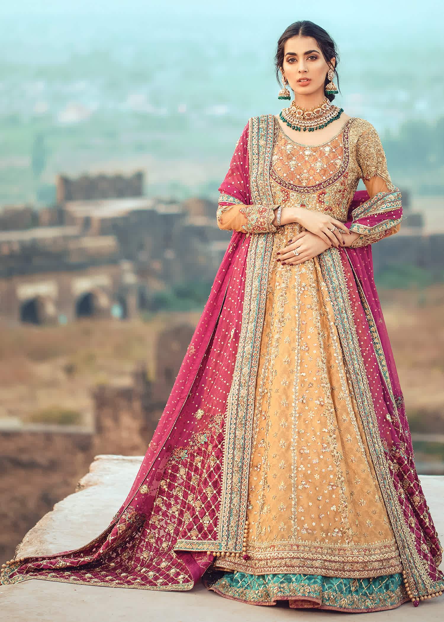 Pakistani Mustard Magenta Embellished Silk Bridal Lehenga (3-Piece) - Image 1