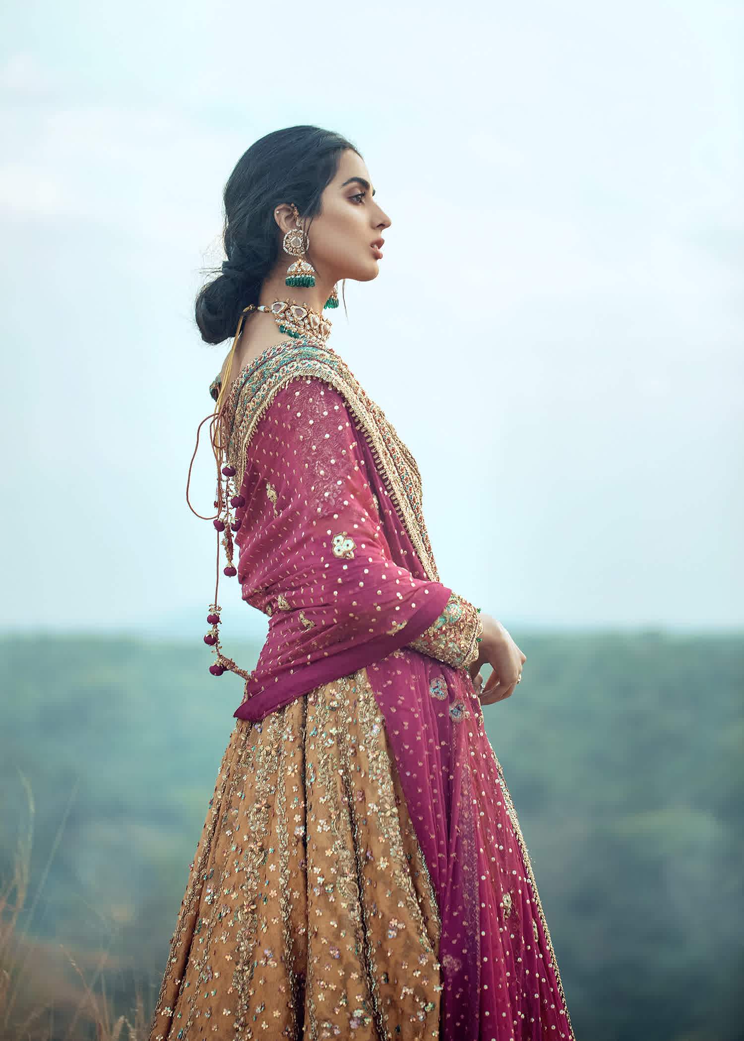 Pakistani Mustard Magenta Embellished Silk Bridal Lehenga (3-Piece) - Image 2