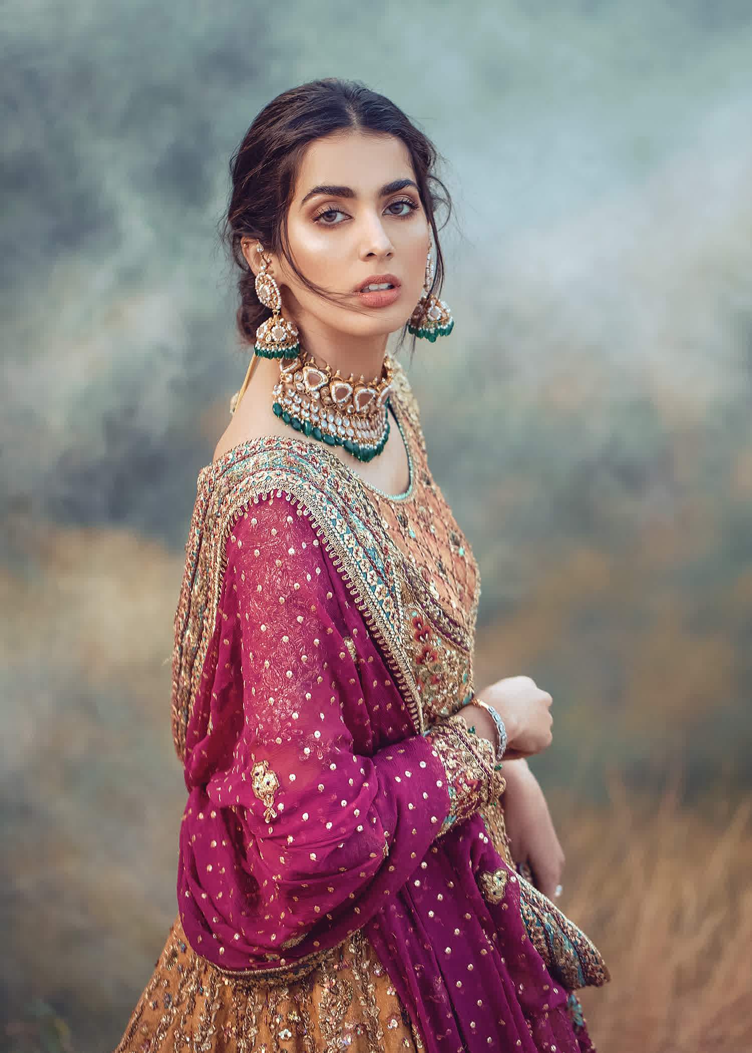 Pakistani Mustard Magenta Embellished Silk Bridal Lehenga (3-Piece) - Image 3