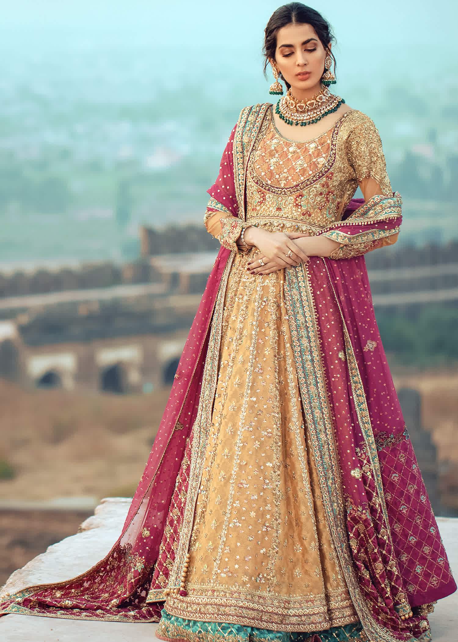 Pakistani Mustard Magenta Embellished Silk Bridal Lehenga (3-Piece) - Image 4