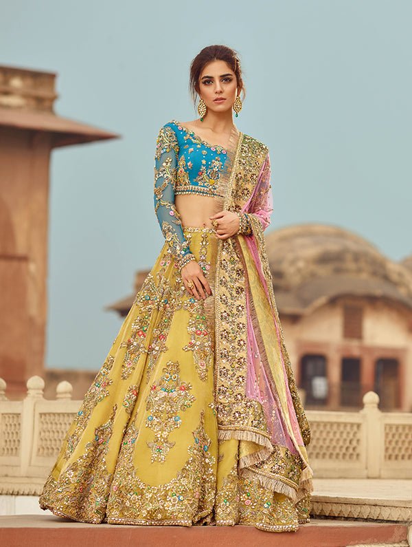 Pakistani Mustard Embroidered Tissue Lehenga Choli (3-Piece) - Image 1